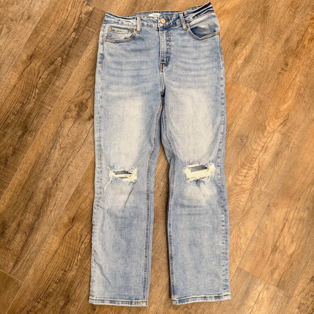Zenana Womens Light Wash Distressed Straight Leg Ankle Jeans Womens 29 Stretch